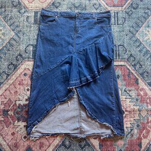 Vintage-Style One5One Denim Wrap Skirt With Frayed Hem & Ruffle Detail XL